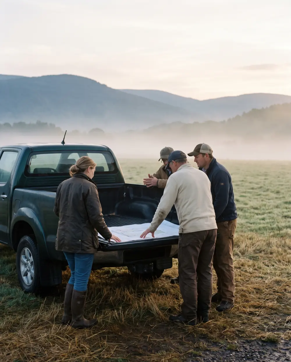 Four people at the edge of a field, leaning over a plan on the bed of a pickup truck.