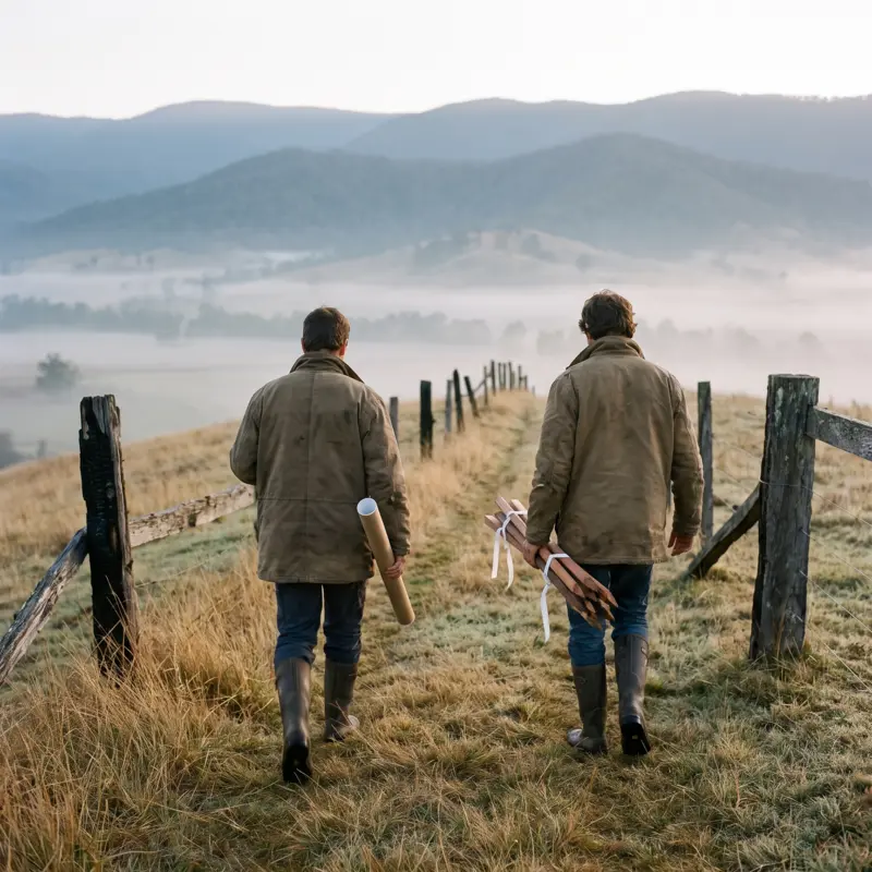 Two people walk along the edge of a meadow with a site plan and marker stakes.
