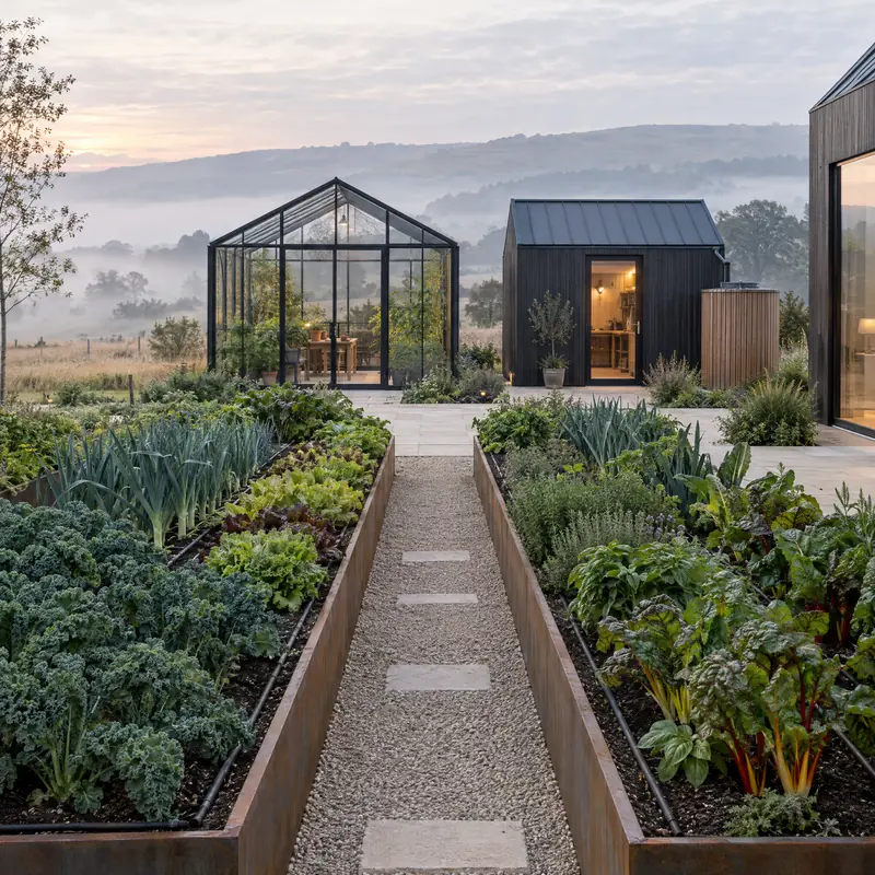 Raised beds with steel edges, vegetables and drip irrigation along a gravel path with stepping stones, a glasshouse and a modern dark timber shed behind.