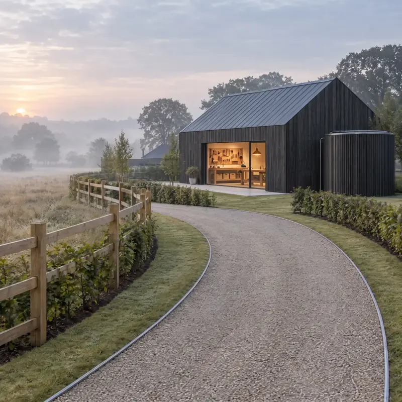 Gravel road with steel edging leading to a modern dark timber workshop with a timber-clad rainwater cistern, an oak fence and a hedge in the morning light.