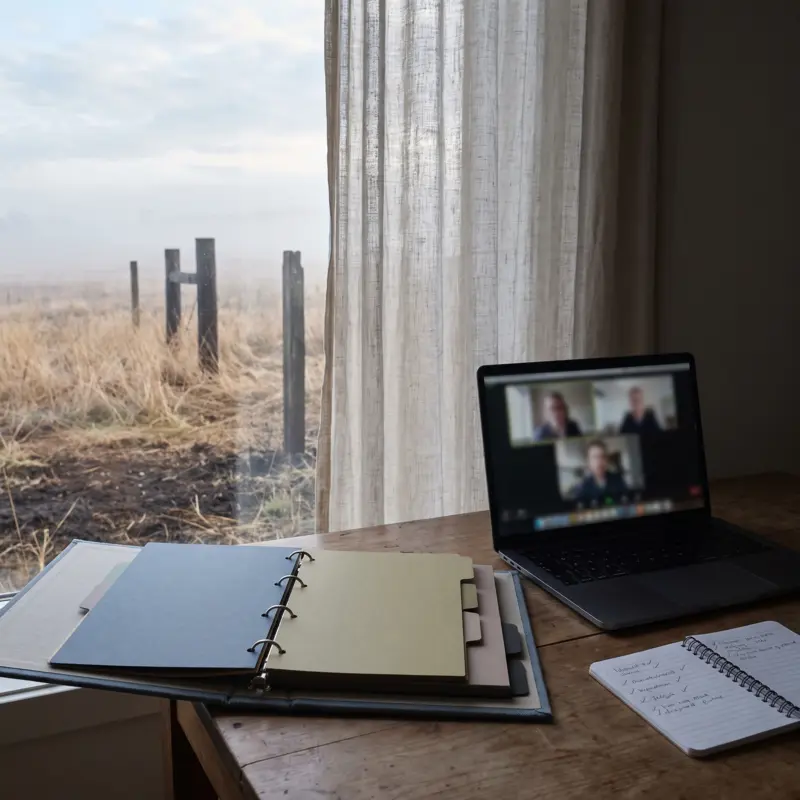 Project binder with dividers, a notebook and a laptop with a video call on a desk.