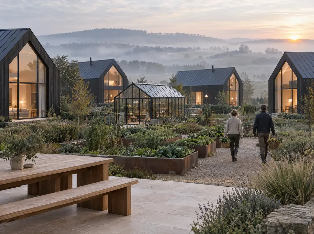 Four modern dark timber houses with large glass gables around a shared kitchen garden with a glasshouse, a long oak table on a stone terrace in front.