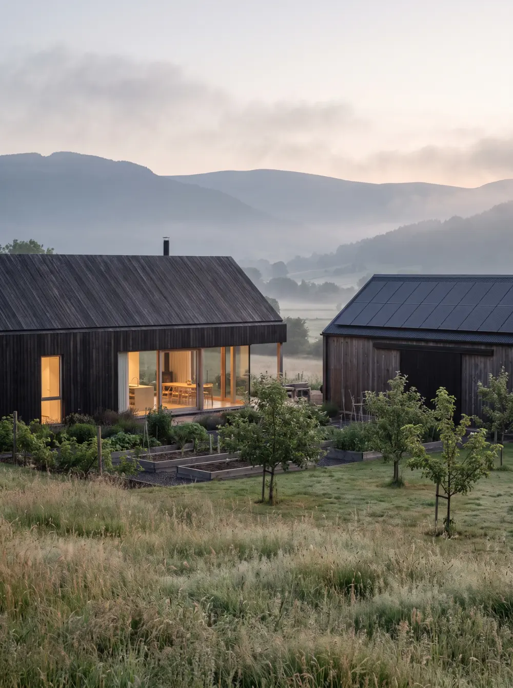 Modern timber house with lit windows, fruit trees and a garden in the morning mist.