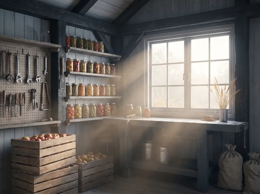 Barn workshop with shelves of preserving jars, tools and crates of apples and potatoes.